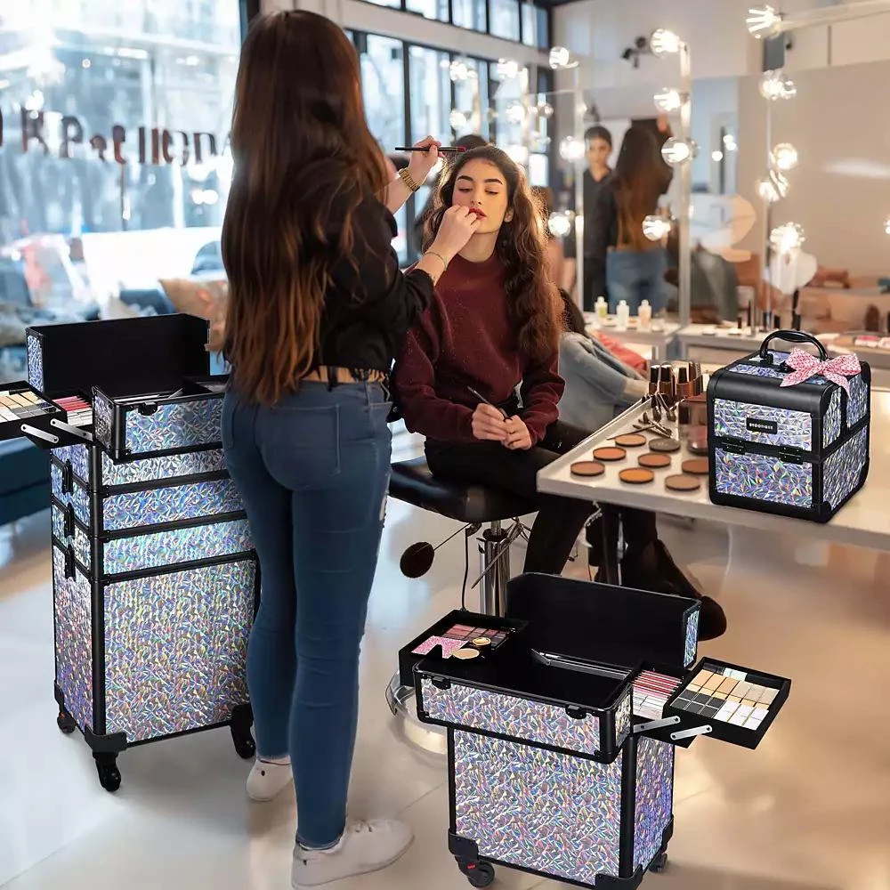 Byootique Rolling Makeup Train Case 3-Piece Cosmetic Organizer Kit Trolley Organizer Travel Case Lockable with Wheels, Mermaid Silver 6