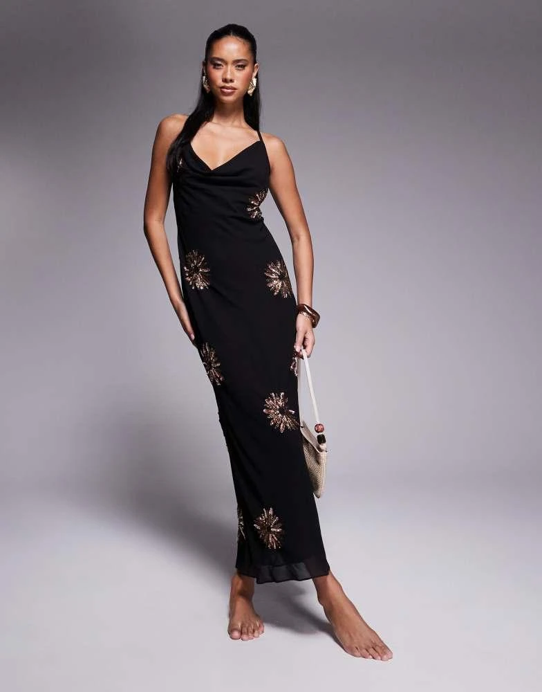 black cowl neck maxi dress Black Satin Cowl Neck Maxi Dress With Open Back main image 0
