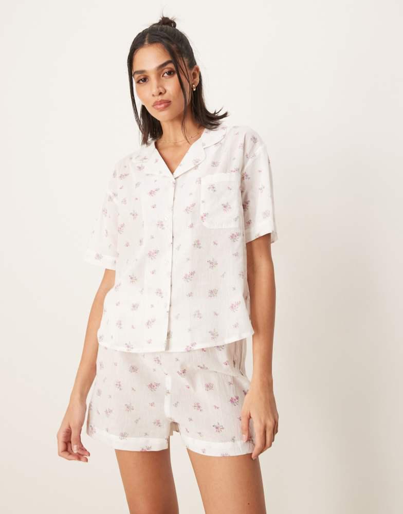 Luna Luna short sleeve revere pyjama top and short set in cheesecloth ditsy floral print