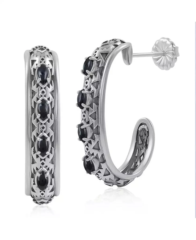 American West Jewelry Sterling Silver Black Onyx Patterned J-Hoop 1 Inch Earrings
