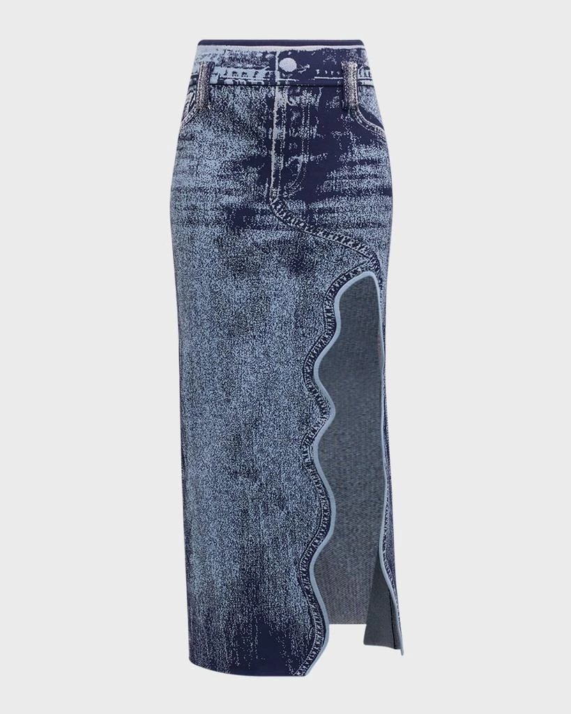 PH5 Lily Denim-Print Wavy Slit Midi Skirt 1