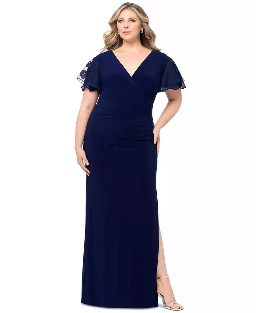 Betsy Adam Plus Size Flutter-Sleeve Surplice-Neck Gown Dresses
