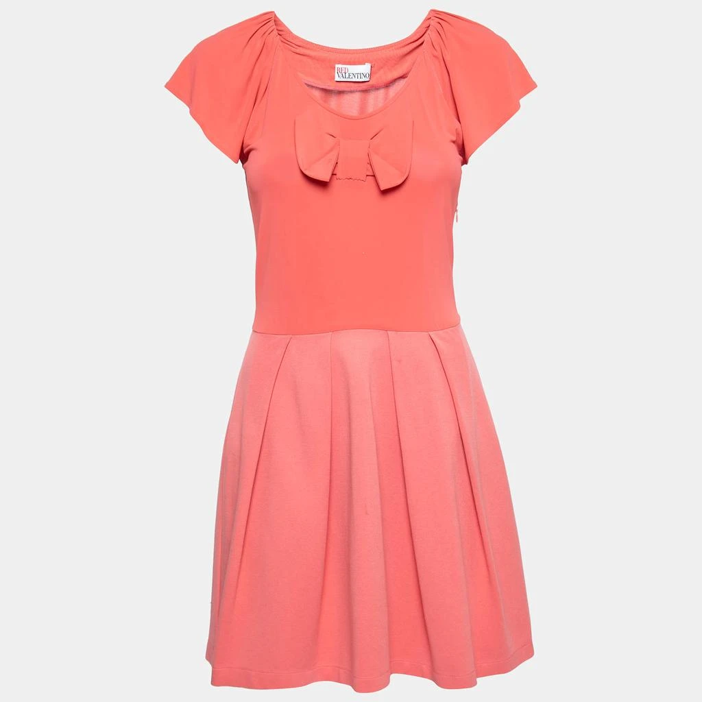 RED Valentino RED Valentino Coral Pink Jersey & Knit Bow Detail Pleated Dress S 1
