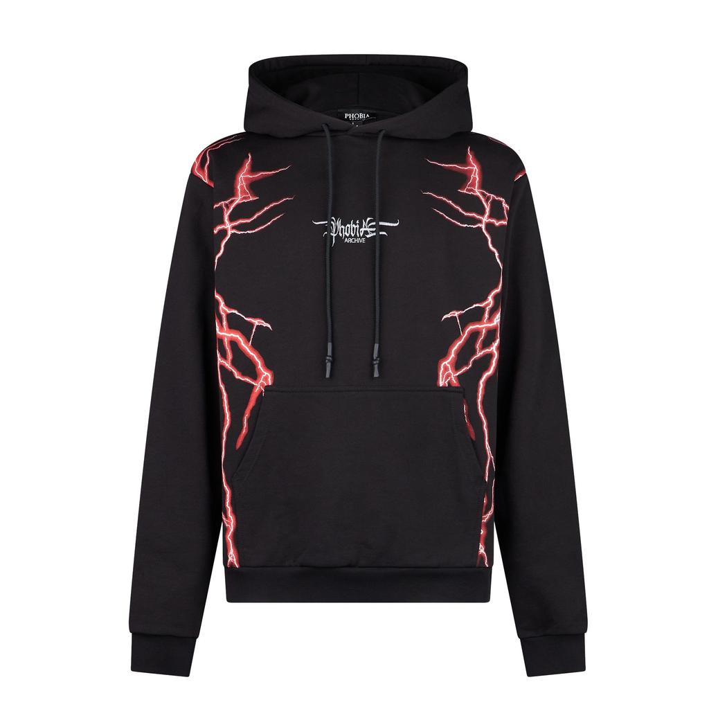 PHOBIA Men's Lightweight Hooded Sweatshirt New Lightning Hoodie Black/red