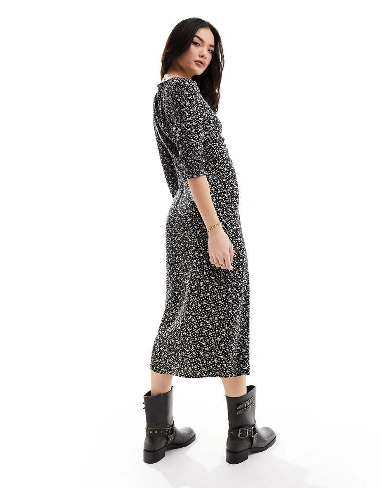 & Other Stories & Other Stories midi dress with ruched front and v neck in mono ditsy print 3