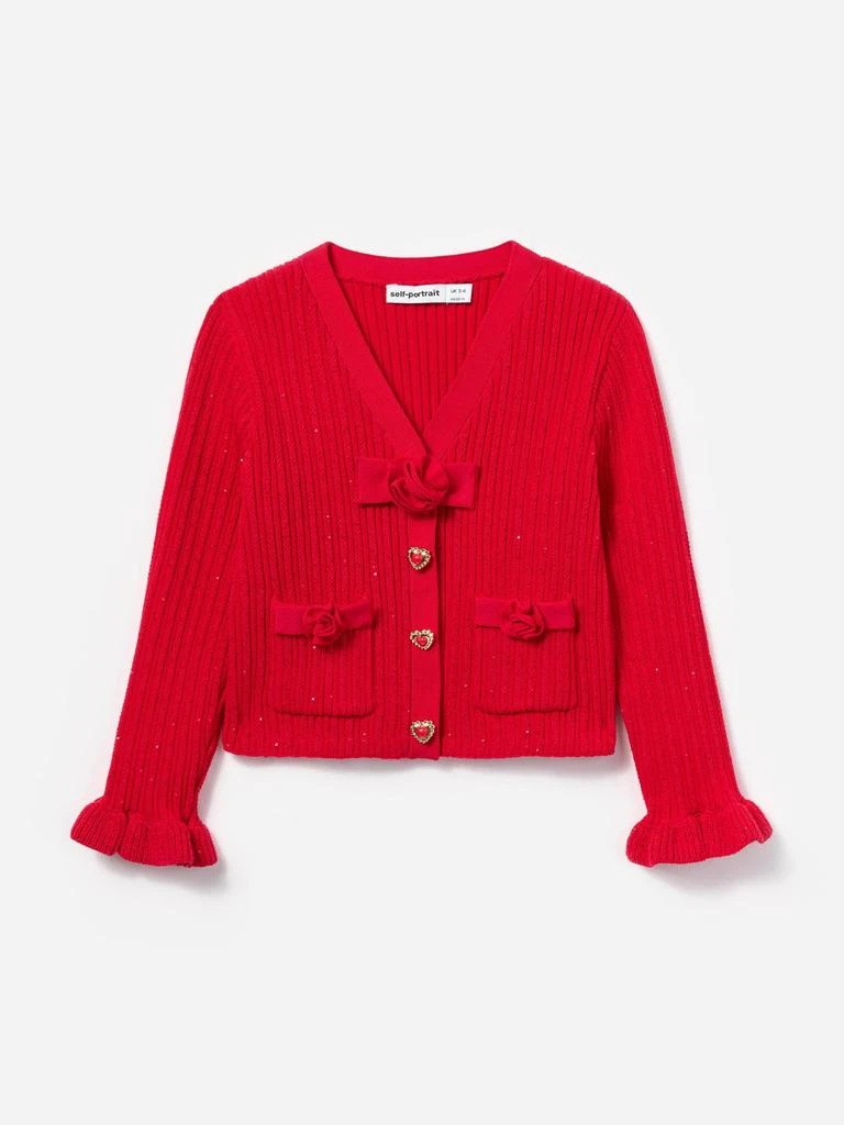 Self Portrait Girls Ribbed Knit Cardigan in Red 1