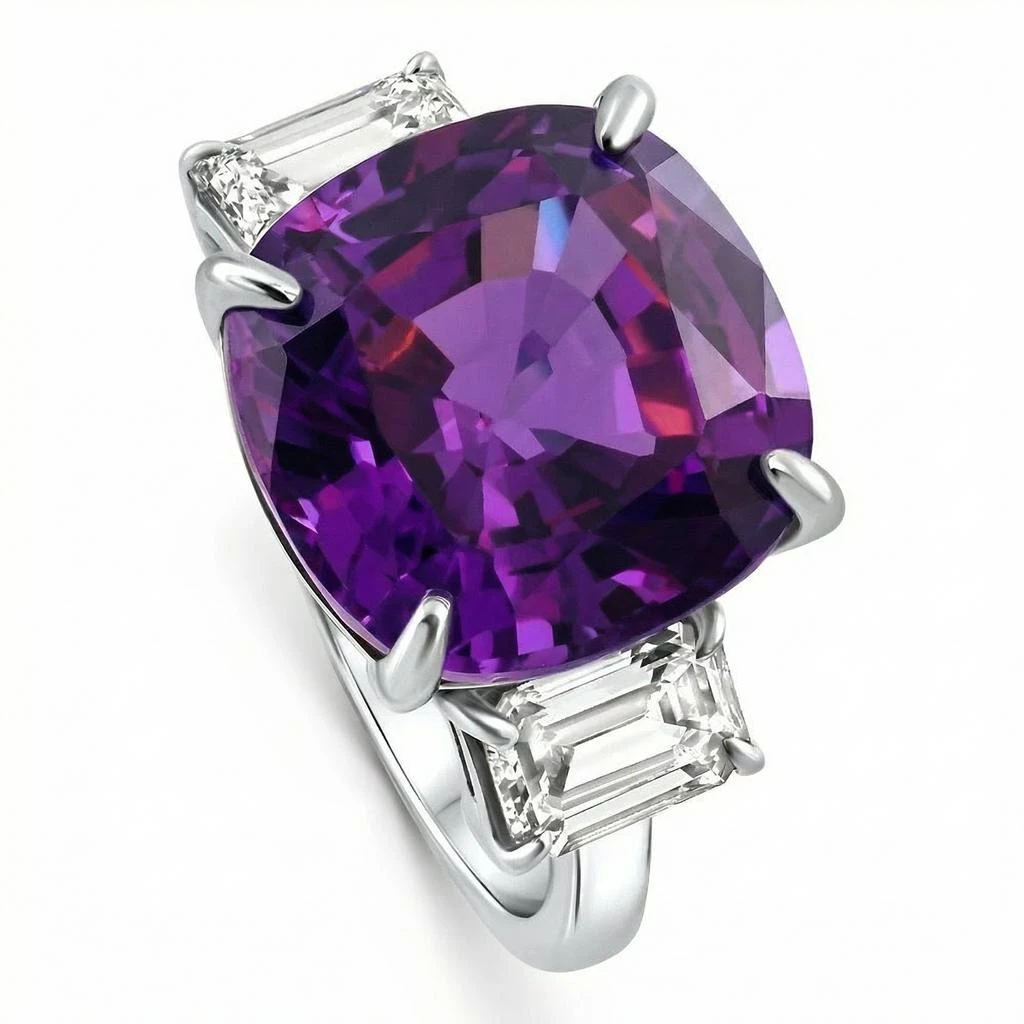 Pompeii3 11.90Ct Cushion Amethyst 
Emerald Cut Diamond Ring 14k White Gold Lab Grown Size: 7