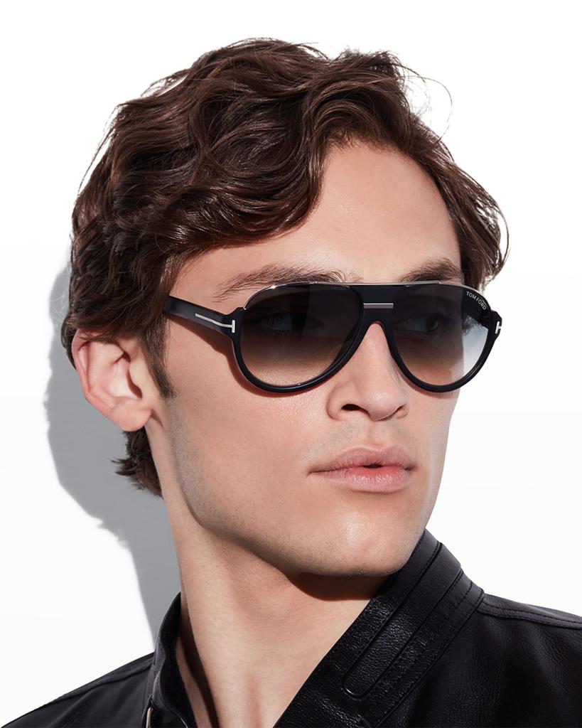 Tom Ford Dimitry Half-Rim Aviator Sunglasses, Matte Black/Shiny Dark Ruthenium/Gradient Blue