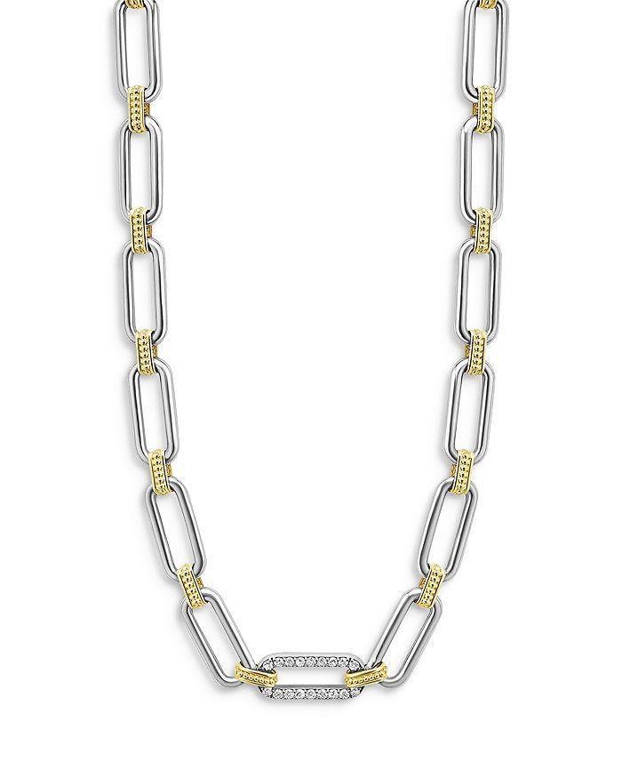 LAGOS 18K Yellow Gold & Sterling Silver Signature Caviar Diamond Station Link Collar Necklace, 18"