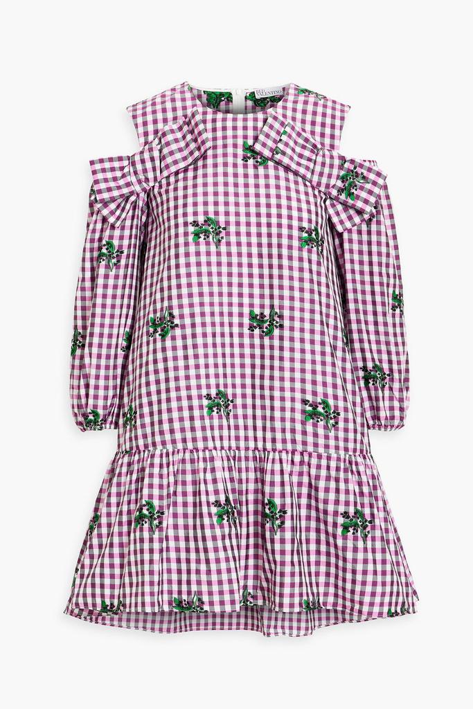 REDVALENTINO Cold-shoulder embroidered gingham taffeta mini dress
