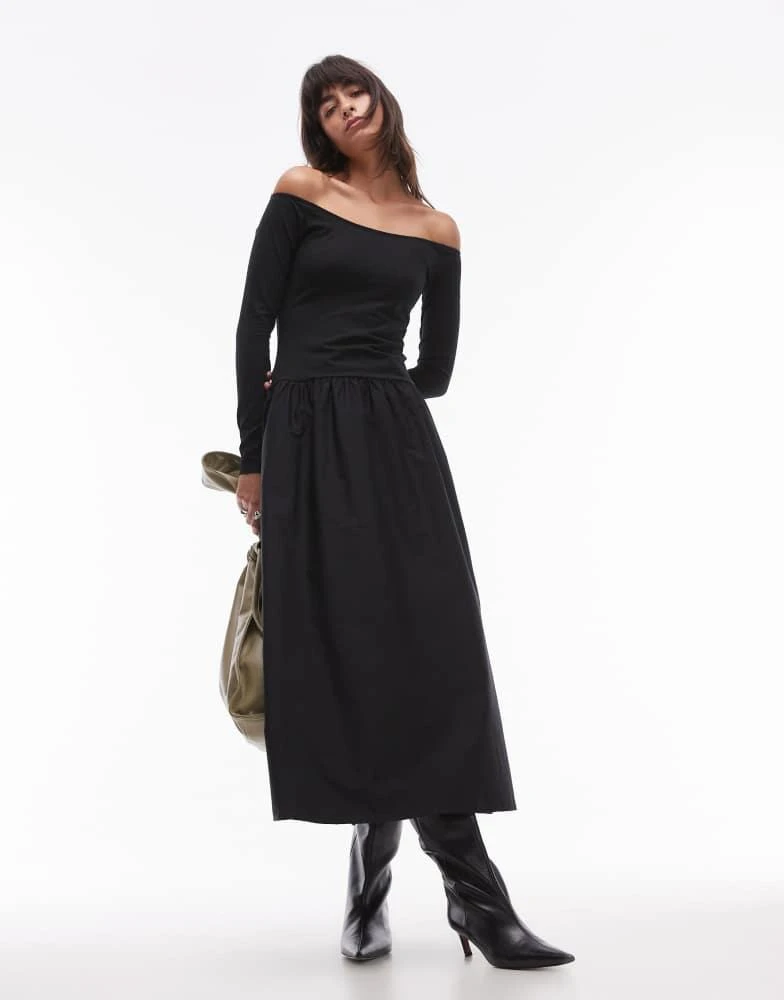 Mango Mango bardot drop waist midi dress in black 3