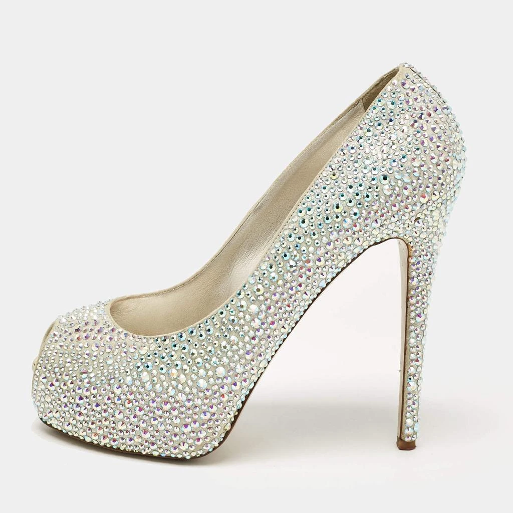 LE SILLA Le Silla Silver Crystal Embellished Suede Peep Toe Platform Pumps Size 37 1