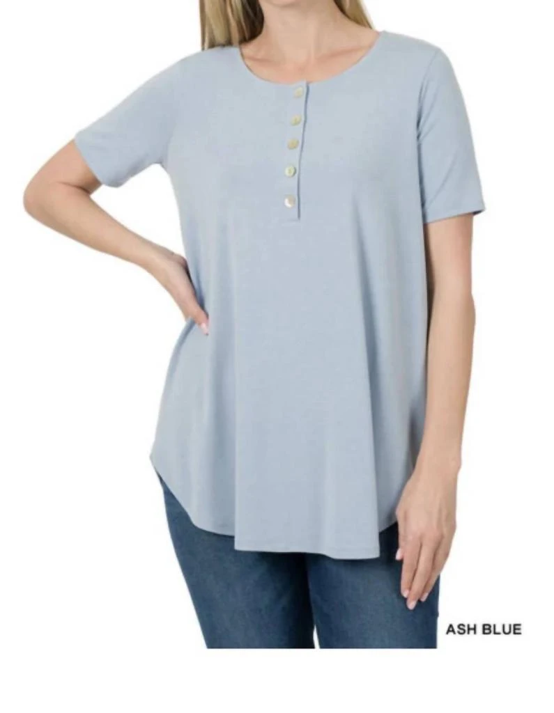 Zenana Zenana - Short Sleeve Dolphin Hem Shell Button Up Top 1