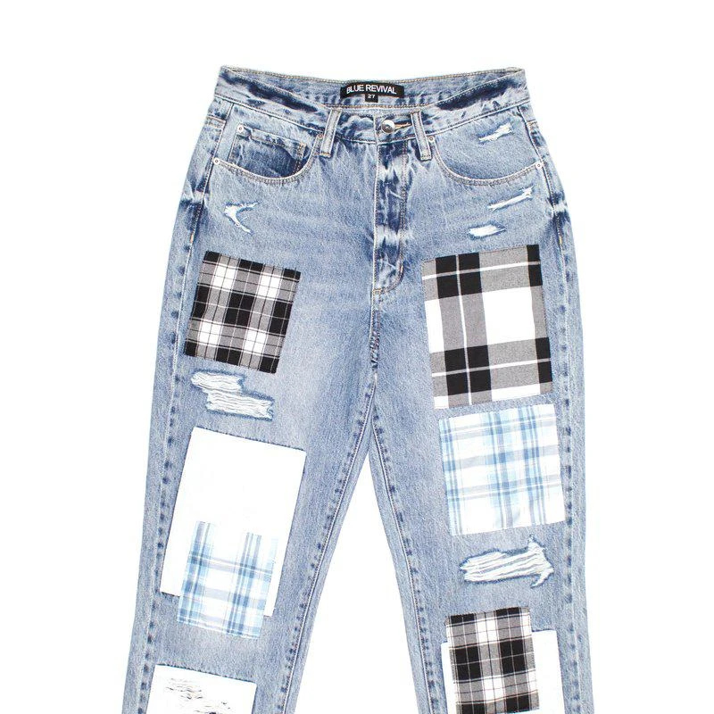 Blue Revival Plaid Patchwork Straight Jean 2