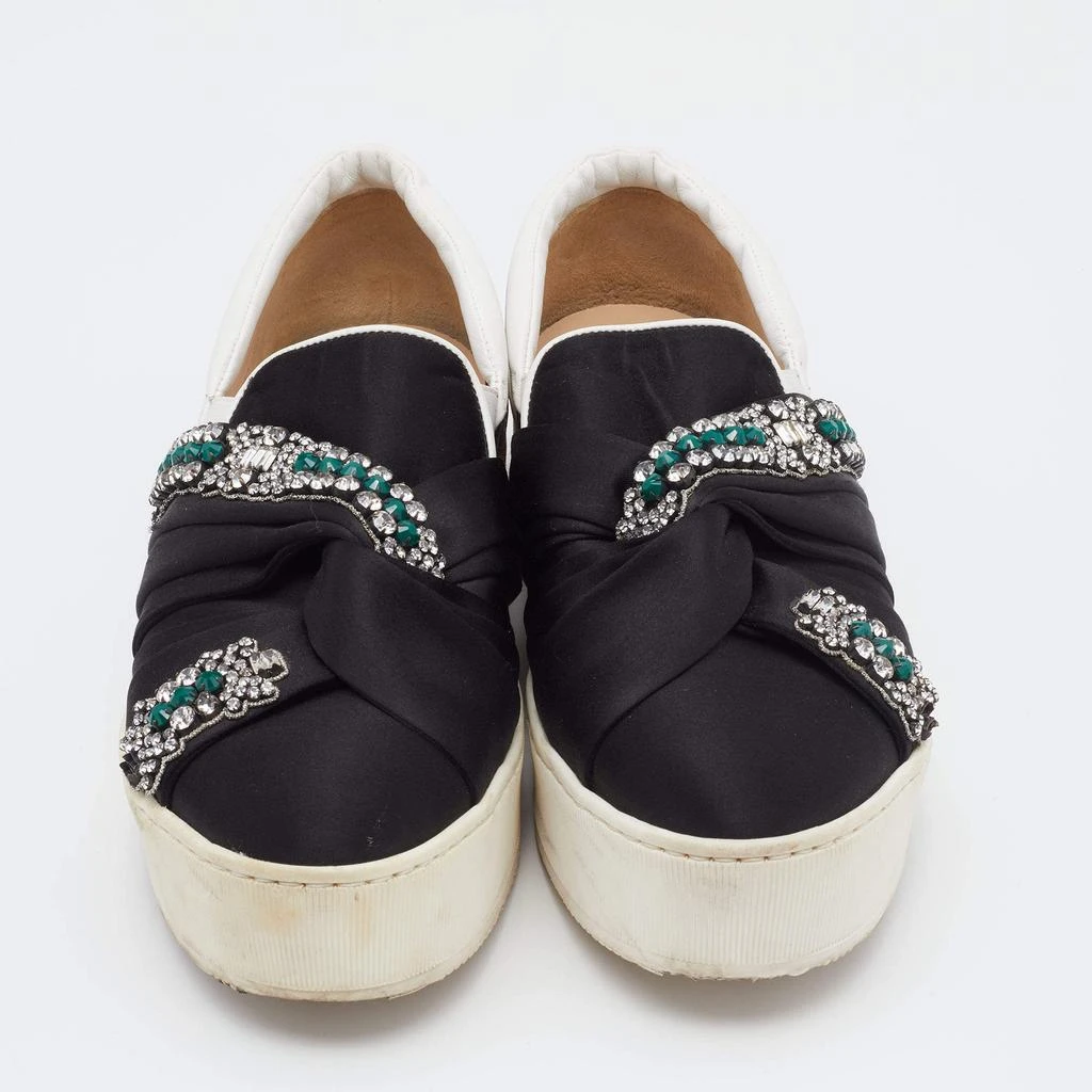 N°21 N21 Black/White Satin And Leather Crystal Embellished Platform Slip On Sneakers Size 37 3