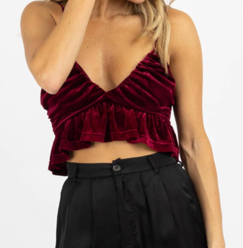 Blue Blush Wine Ruffled Cropped Top In Velvet