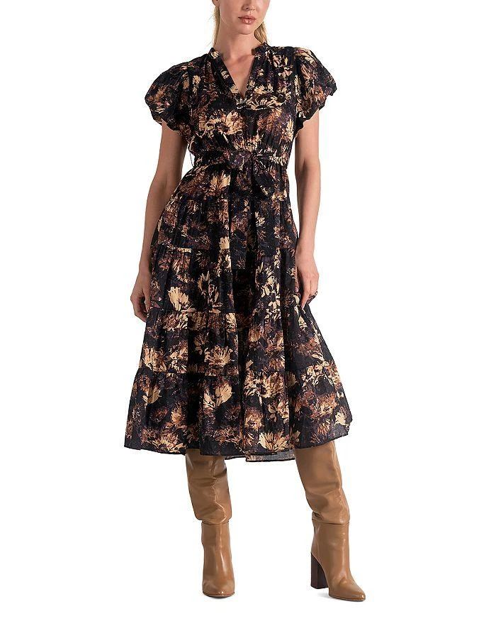 Elan Printed Bubble Sleeve Midi Dress 1