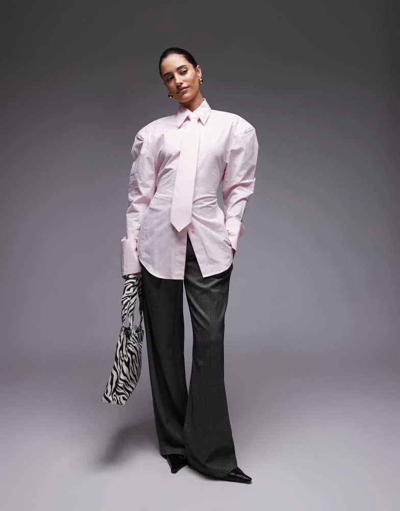 ASOS ASOS DESIGN cinch waist shirt with shoulder pads and tie in pink 3