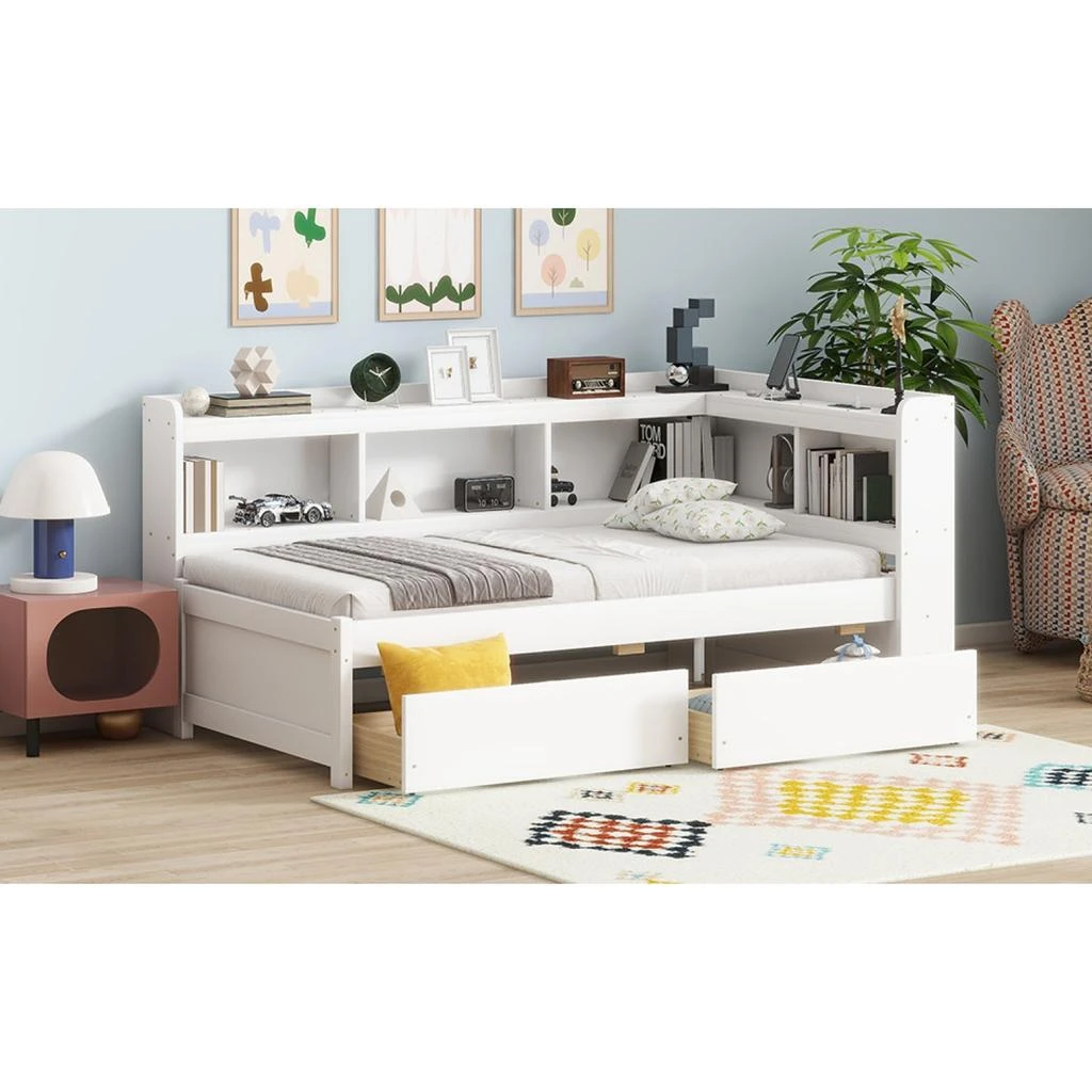 Streamdale Furniture Streamdale Twin L-Shaped Bookcase Bed with Outlets 
Drawers - White 3