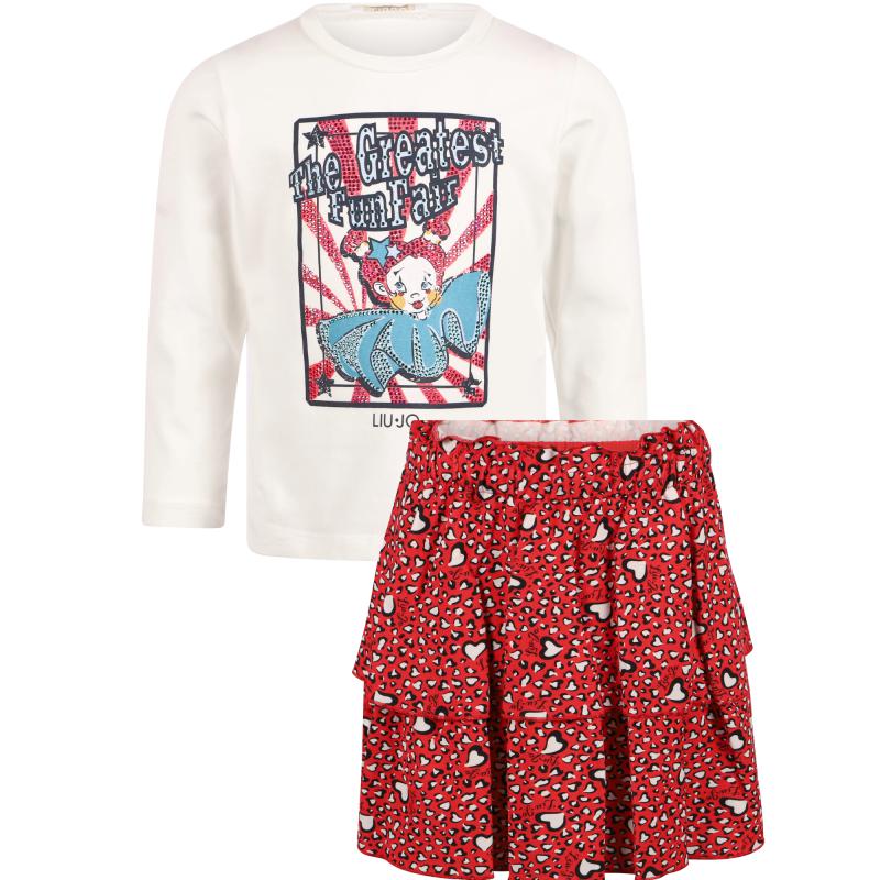 LIU JO Kids The greatest funfair logo long sleeved t shirt and tiered love heart skirt set in white and red