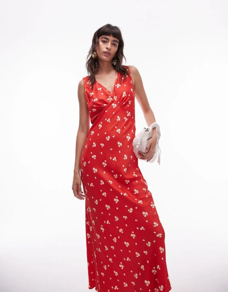 Topshop Topshop double v midi slip dress in red ditsy print 1