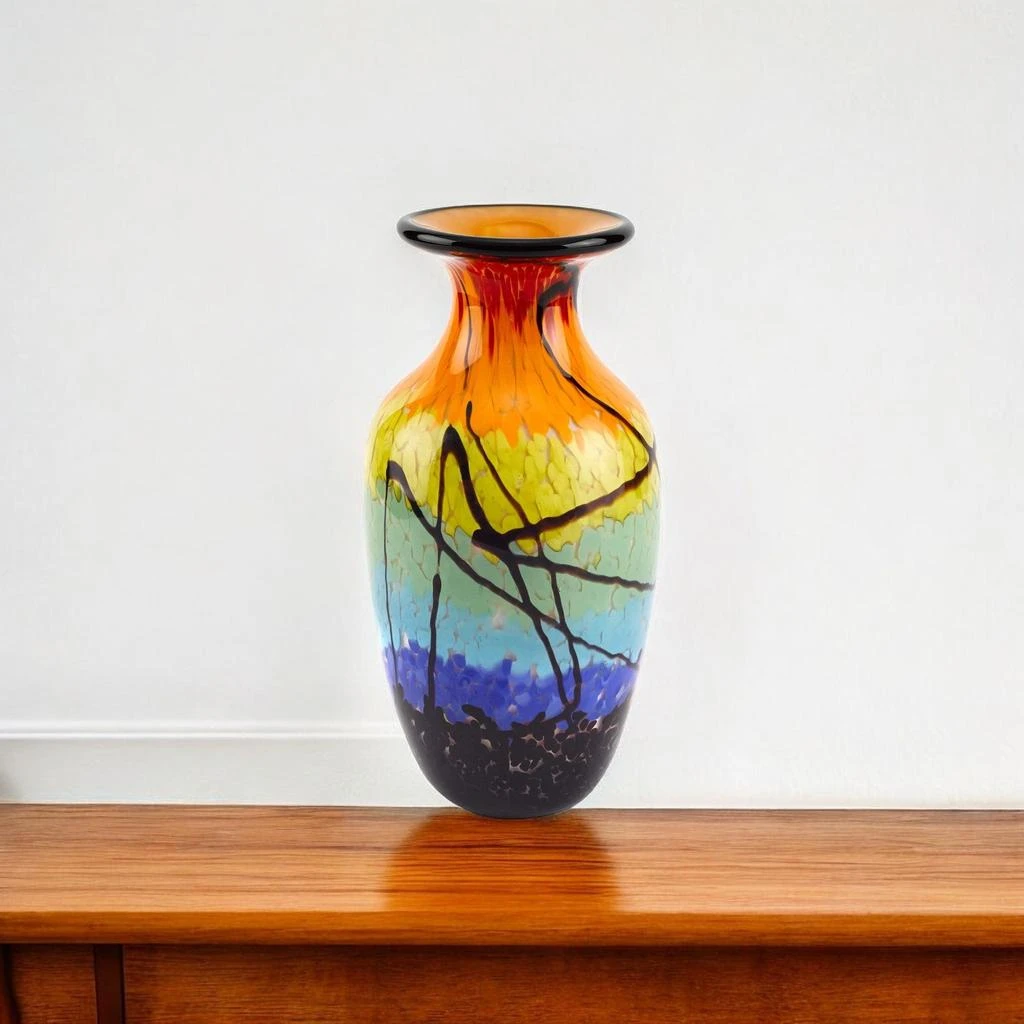 Hivvago 11" Black Blue Red And Yellow Abstract Urn Handblown Glass Table Vase