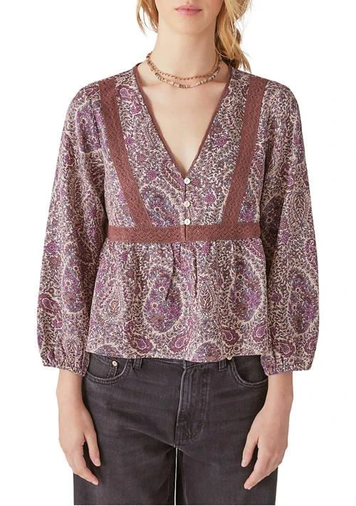 Lucky Brand Brand Printed Lace Babydoll Top 1