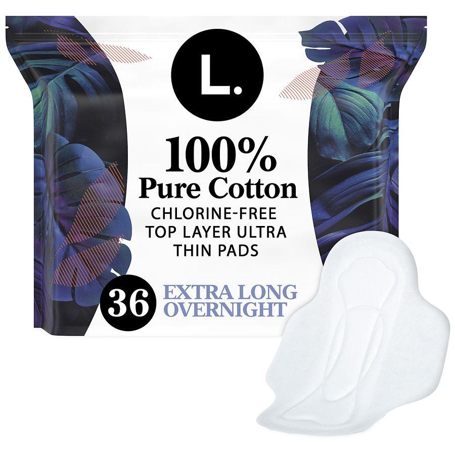 L. Ultra Thin Pads for Women, 100% Pure Cotton Top Layer Pads with Wings Unscented, Extra Long Overnight