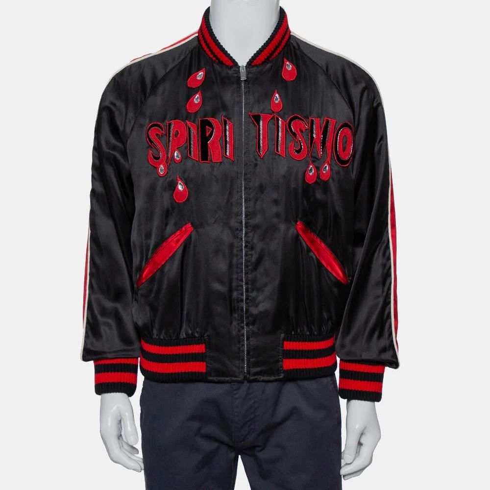 Gucci Gucci Black Satin Contrast Trim Spiritismo Applique Detail Bomber Jacket M 1