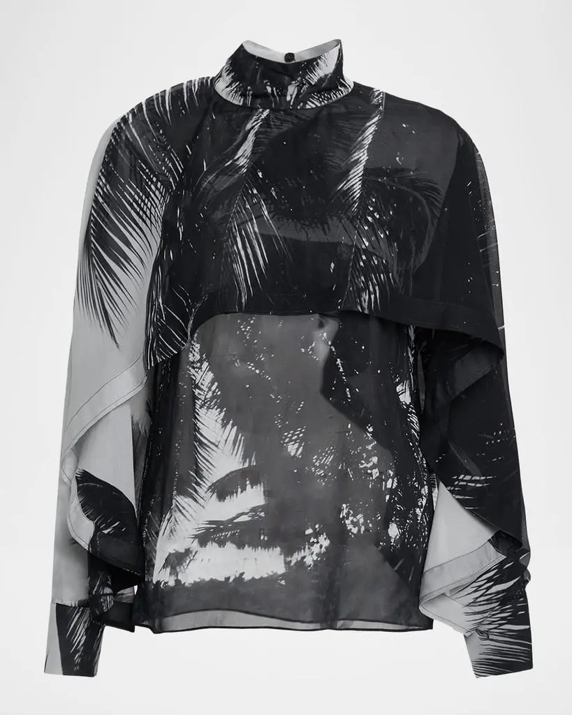 Salvatore Ferragamo Palm-Print Silk Chiffon Cape Blouse
