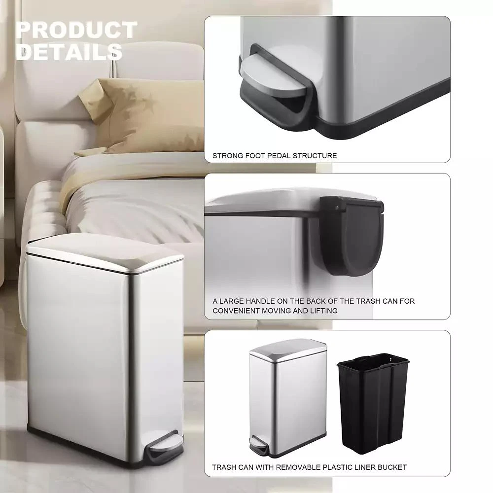 Mega Casa 2.6 Gal./10 Liter Slim Stainless Steel Step-on Trash Can for Bathroom and Office 2