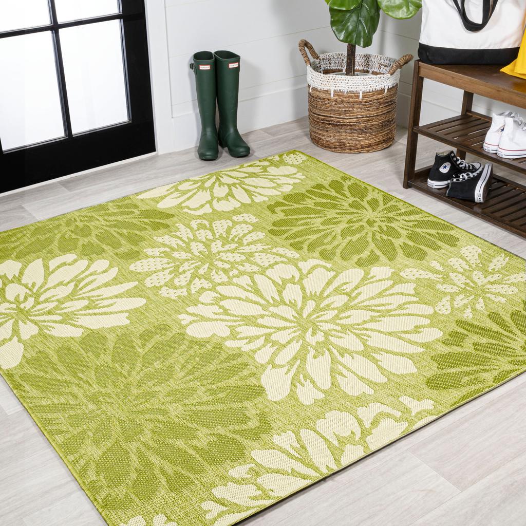 JONATHAN Y Zinnia Modern Floral Textured Weave Indoor/Outdoor Green/Cream Square Area Rug