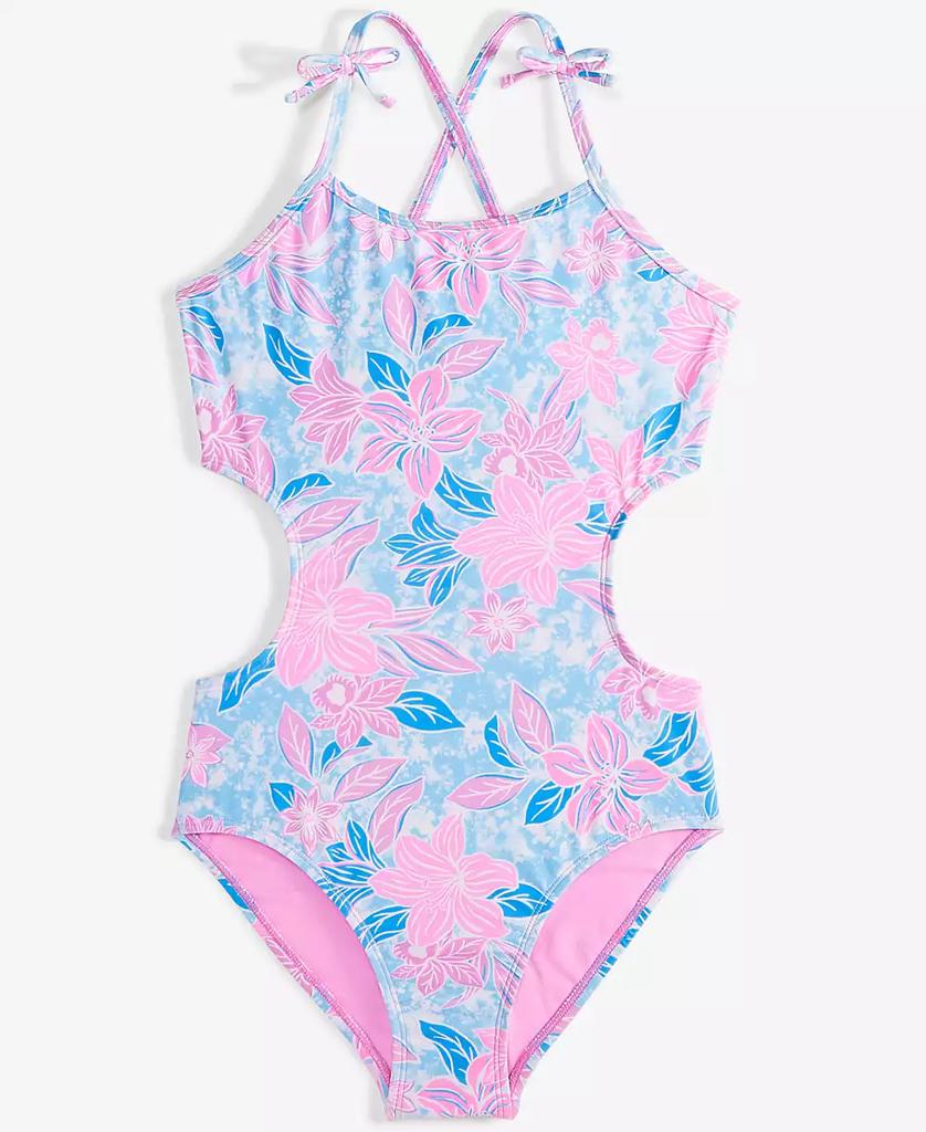 Breaking Waves Big Girls Floral Cutout One-Piece Swimsuit