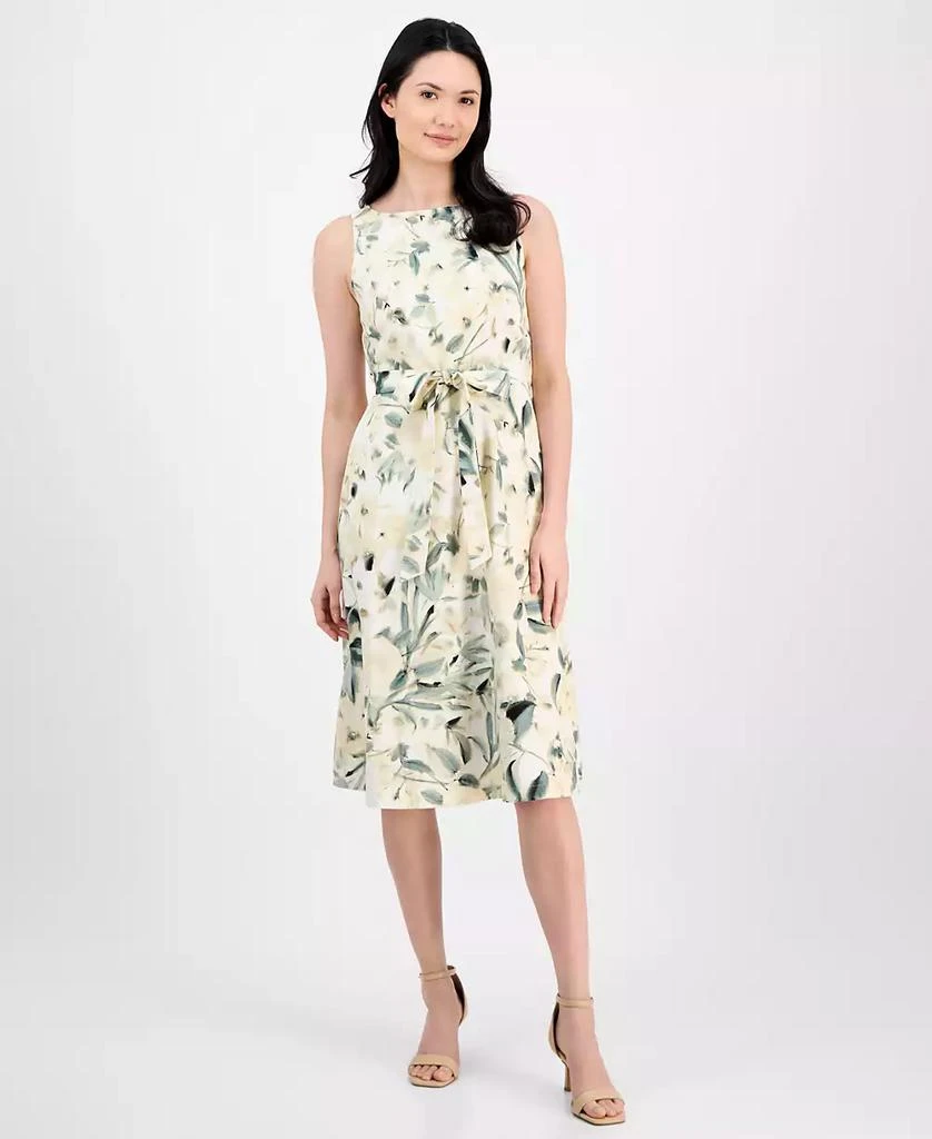 Anne Klein Women's Linen Blend Floral-Print Tie-Waist Sleeveless Dress 1