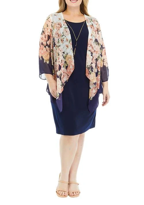 Sandra Darren Darren Plus Size 3 4 Sleeve Printed Chiffon Jacket And Sheath Dress Set 1