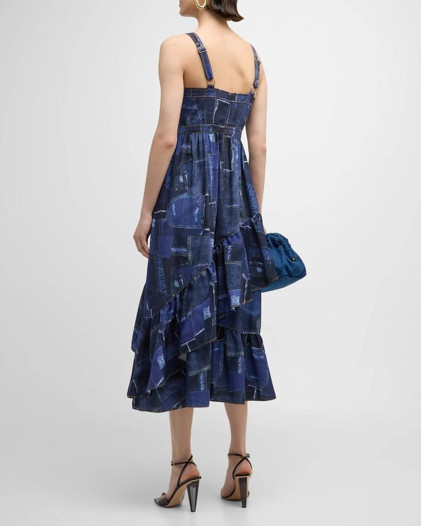 Cinq a Sept Jordyn Patchwork Denim Tiered Ruffle Bustier Midi Dress 5