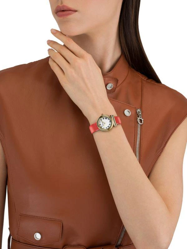 Salvatore Ferragamo Gancini 28MM IP Yellow Gold & Leather Strap Watch 4