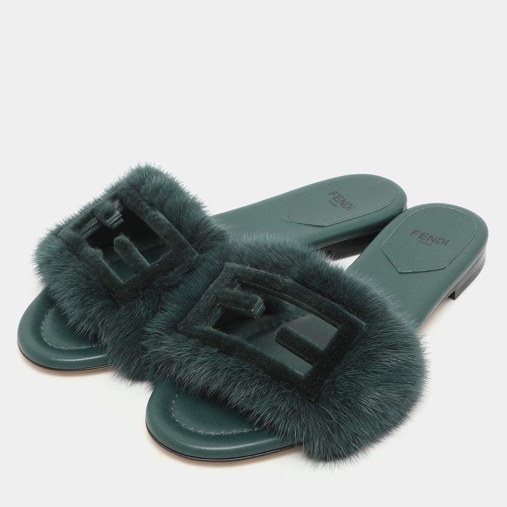 Shop Fendi Green Mink Fur Baguette Slide Sandals Size 36 on Sale