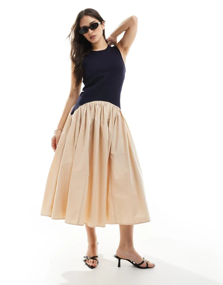 French Connection Jia drop waist midi dress in navy and cream  On Sale Now  with Up to 11% Off | Discover Exclusive Deals & Savings at BeyondStyle   Authentic French Connection