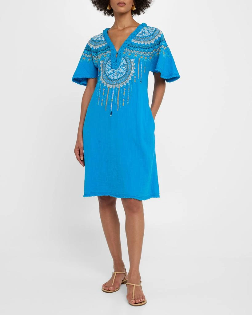 Johnny Was Kastoria Embroidered Cotton Gauze Dress - Diva Blue