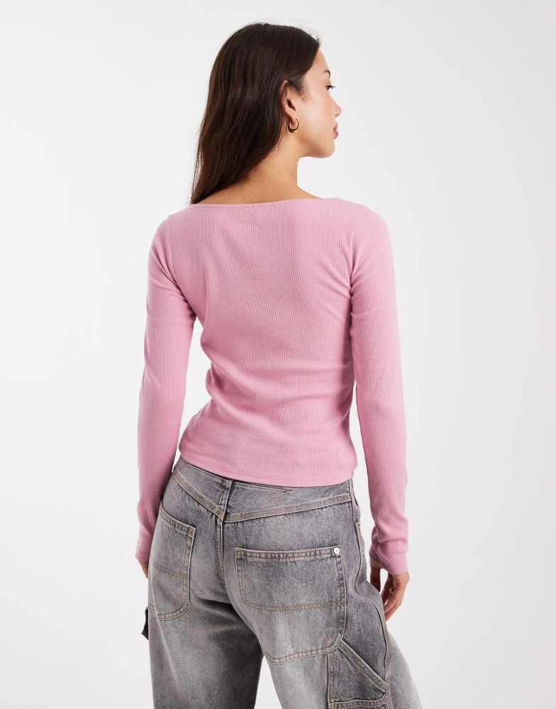 HOLLISTER Hollister long sleeve slash neck top in pink 2