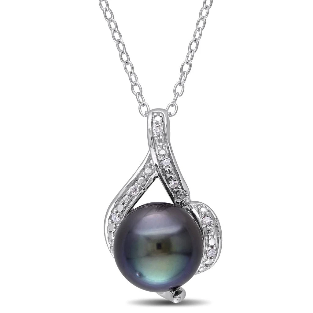 Mimi & Max 9-9.5mm Black Tahitian Pearl and Diamond Curlicue Necklace in Sterling Silver 1