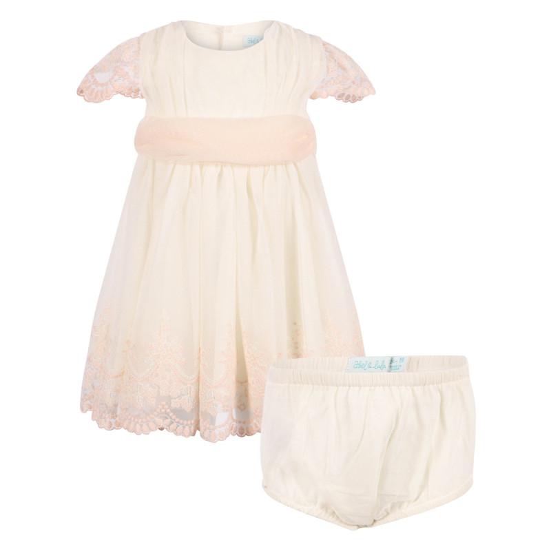 Abel & Lula Embroidered tulle dress with bloomer with scalloped hem in cream and pink