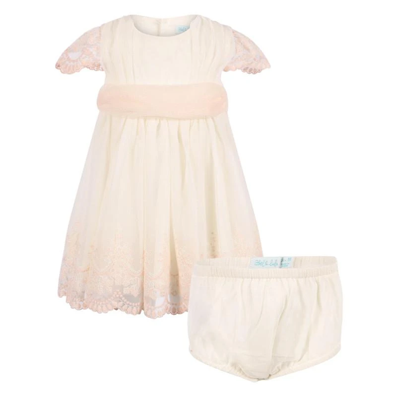 Abel & Lula Embroidered tulle dress with bloomer with scalloped hem in cream and pink 1