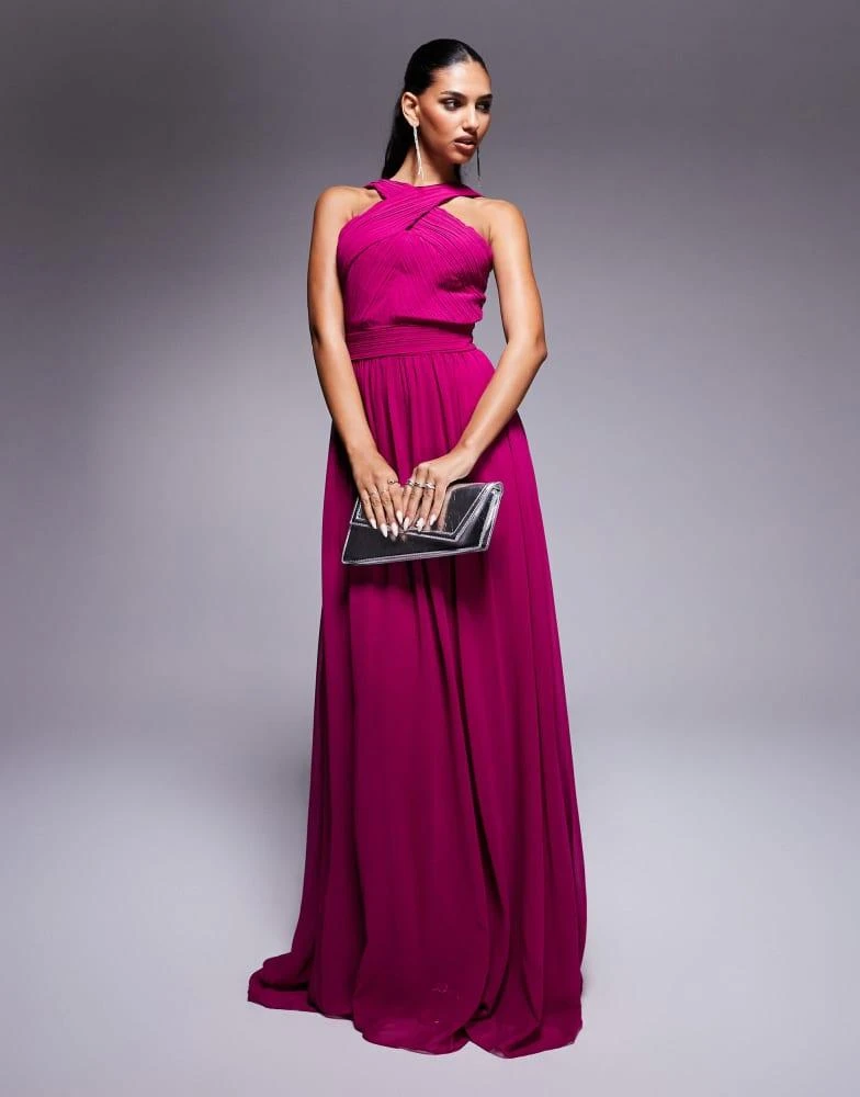 Goddiva Goddiva Halter neck chiffon maxi dress in magenta 1