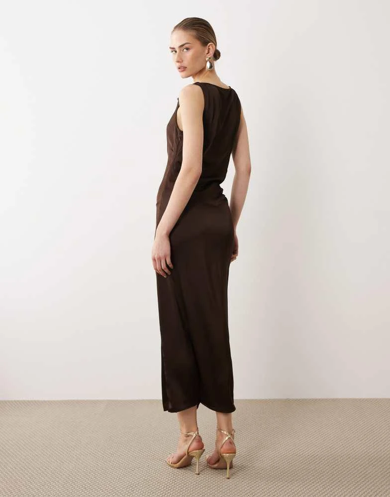 Vila Vila cowl neck satin midi dress in chocolate brown - Dresses & Skirts  - BeyondStyle
