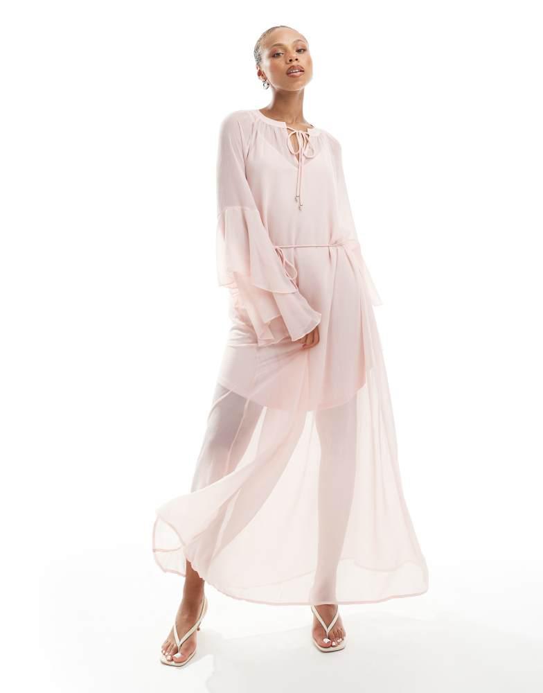 VERO MODA Vero Moda boho frill sleeve tie waist maxi dress in rose pink