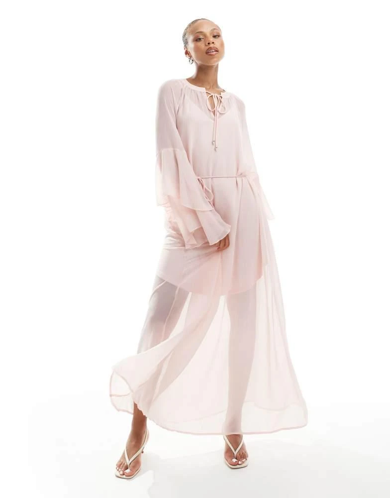 VERO MODA Vero Moda boho frill sleeve tie waist maxi dress in rose pink 1