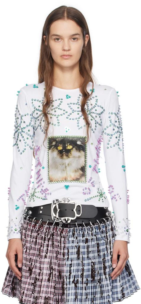 CHOPOVA LOWENA White Kitty Beaded Long Sleeve T-Shirt 1