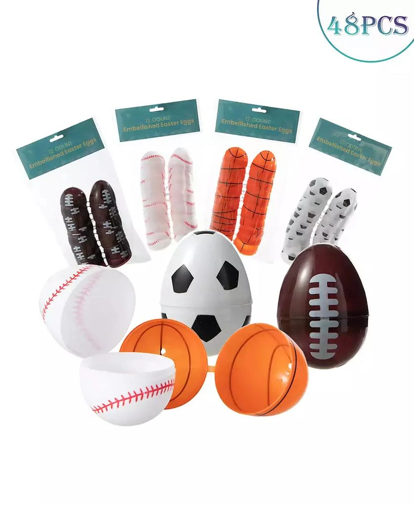 Glitzhome 48 Pack 2.25" H Easter Plastic Fillable Sports Eggs, 12 of Each Basketball, Football, Baseball, Soccer 7